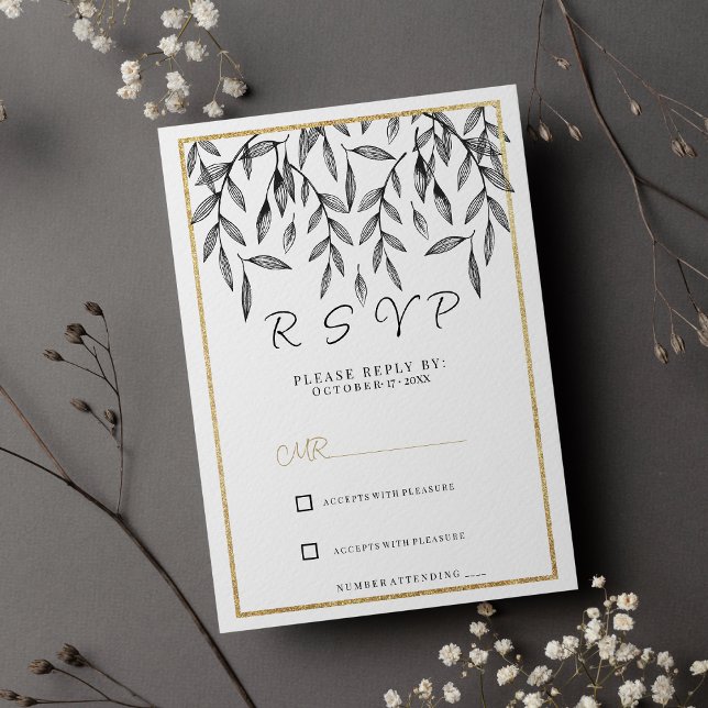 Invitación Follaje floral de oro blanco negro simple RSVP (Simple black white gold floral foliage RSVP)