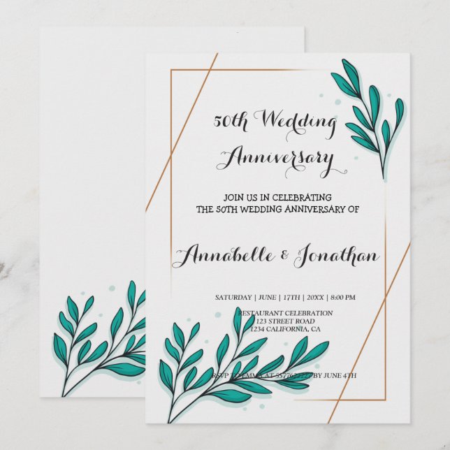 Invitación Follaje floral hoja de oro lámina boda aniversario (Anverso / Reverso)