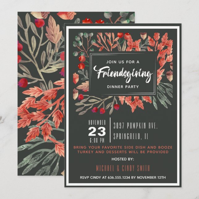 Invitación Follaje Friendsgiving del otoño de la acuarela (Anverso / Reverso)