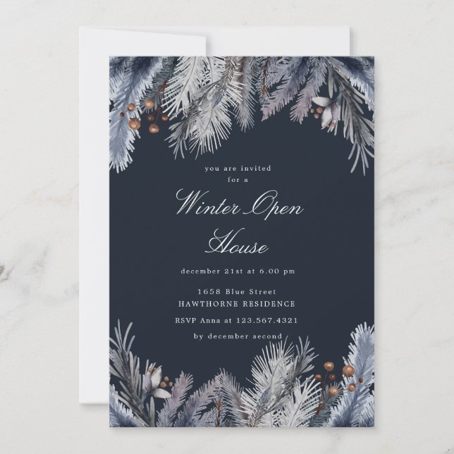Invitación Follaje invernal azul Casa abierta de invierno (Anverso)