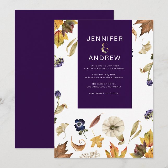 Invitación follaje morado y Boda floral de otoño (Anverso / Reverso)