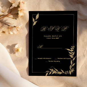 Invitación Follaje negro y dorado de lujo RSVP