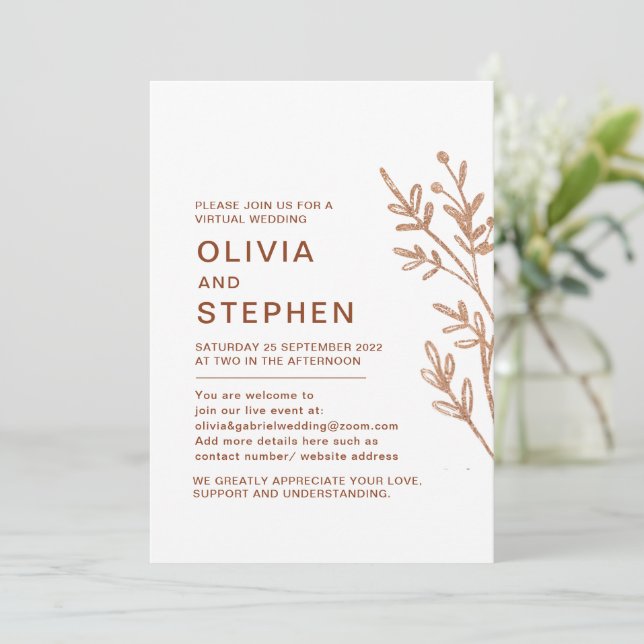 Invitación Follaje simple. Ceremonia de Boda virtual moderna (Anverso de pie)