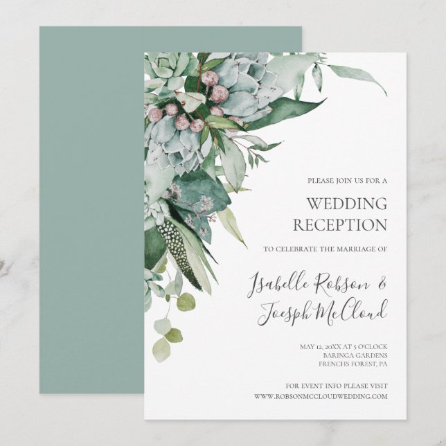Invitación Follaje Suculento | Recepción de Boda en Verde Mal (Anverso / Reverso)