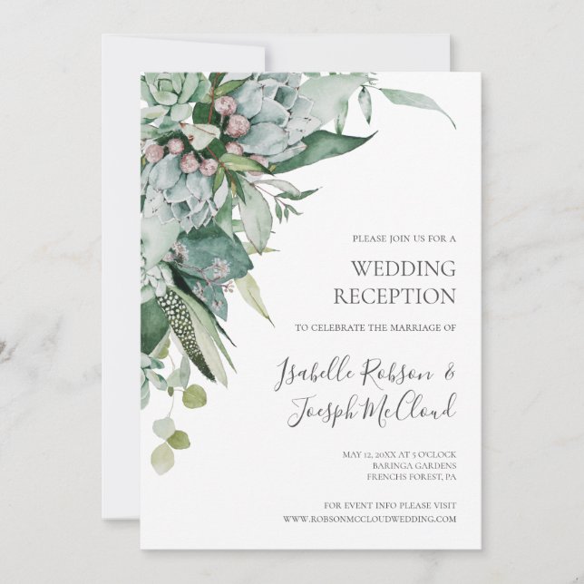 Invitación Follaje Suculento | Recepción de Boda Verde Oscuro (Anverso)