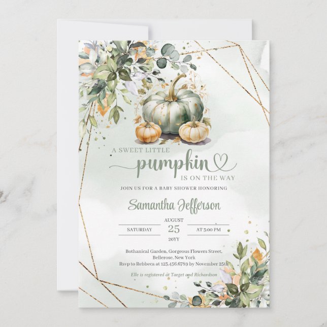 Invitación Follaje verde boho caída hojas calabaza verde (Anverso)