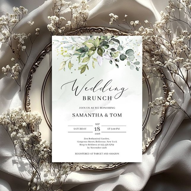Invitación Follaje verde eucalipto boho desayuno nupcial (Greenery foliage leaves eucalyptus boho wedding invitation)