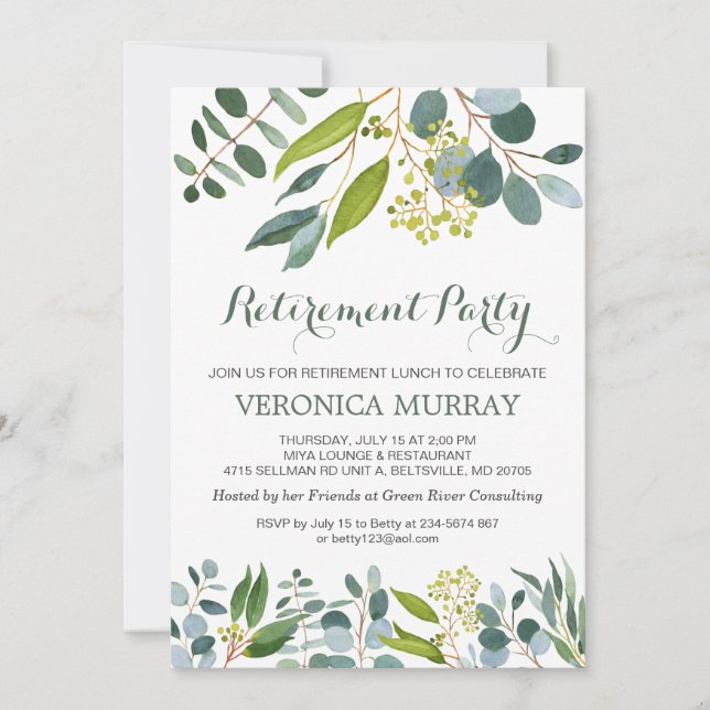 Invitación Follaje verde, eucalipto Fiesta de Jubilación (Anverso)