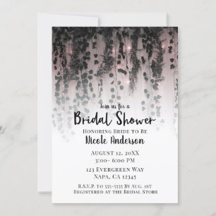 Invitación Follaje Verde Luces Rosadas Baby Shower Rústico Nu