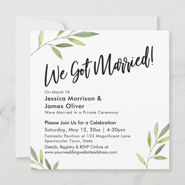 Invitación Follaje Verde Moderno Letra a Mano ¡Nos Casamos! (Anverso)