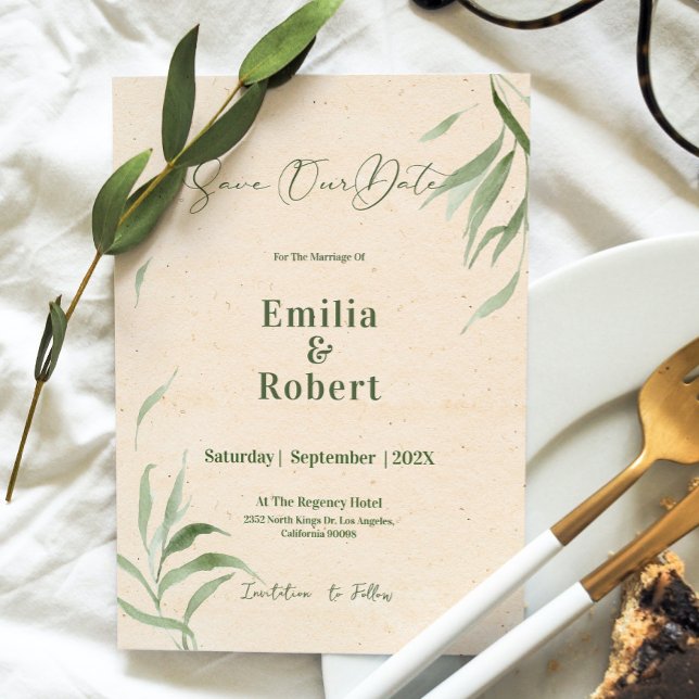 Invitación Follaje verde, Papel artesanal beige, Guardar la f (Subido por el creador)