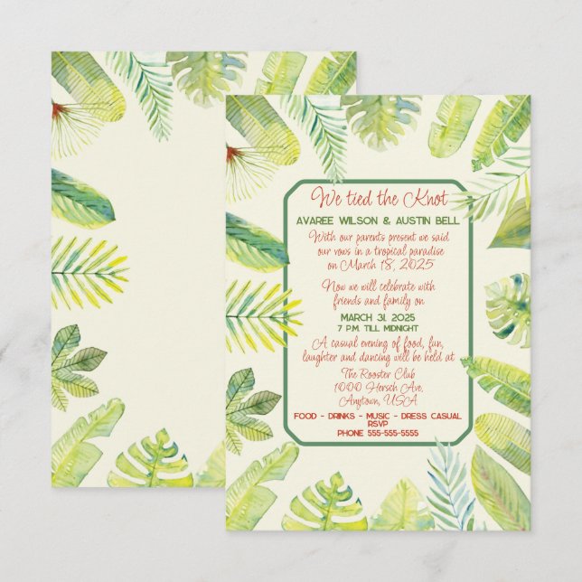 Invitación Follaje verde tropical (Anverso / Reverso)