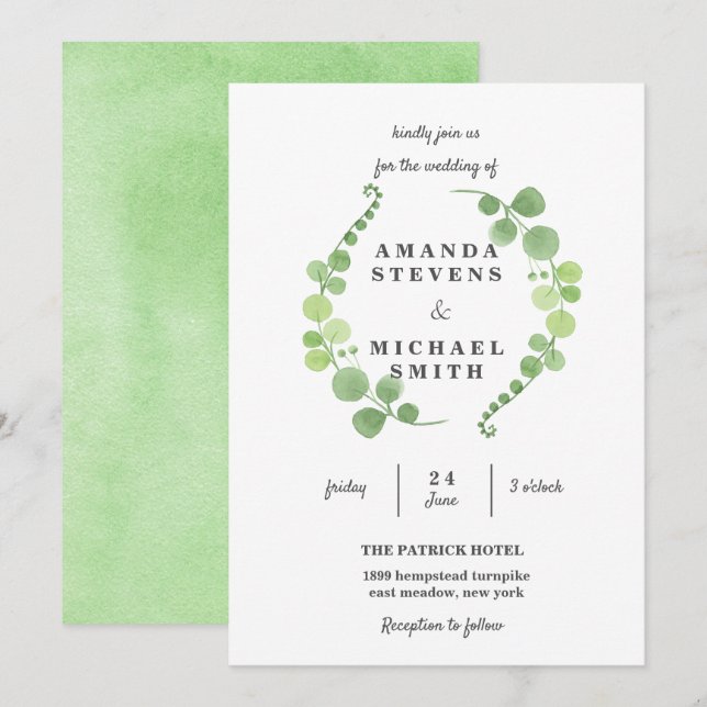 Invitación Follaje verde Wreath Watercolor verde Boda (Anverso / Reverso)