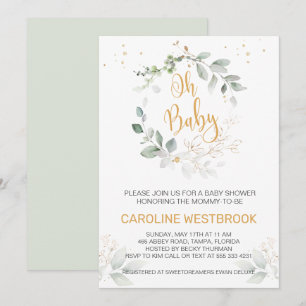 Invitación Follaje verde y dorado Oh Baby Shower