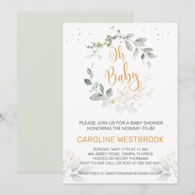 Invitación Follaje verde y dorado Oh Baby Shower (Anverso / Reverso)