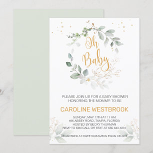 Invitación Follaje verde y dorado Oh Baby Shower