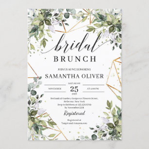 Invitación Follaje verde y marcos dorados brunch novia boho