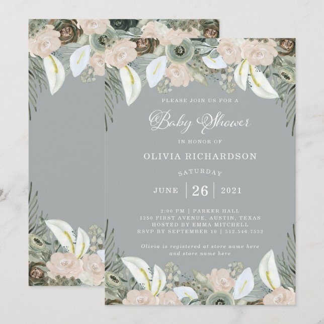 Invitación Follaje y Baby Shower gris el | suave floral (Anverso / Reverso)