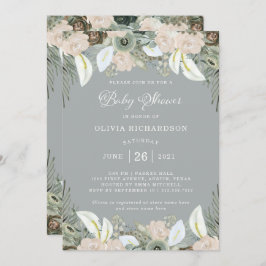 Invitación Follaje y Baby Shower gris el | suave floral