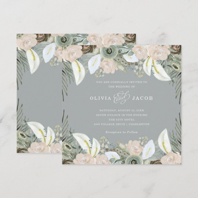 Invitación Follaje y boda gris el | suave floral (Anverso / Reverso)