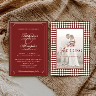 Invitación Fondo Antiguo Rojo Profundo a Cuadros Foto de Boda