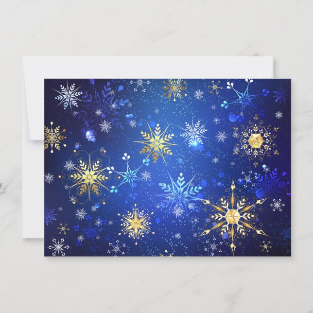 Invitación Fondo azul XMAS con copos de nieve dorados (Anverso)