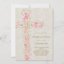 Invitación fondo beige flores rosadas cruz confirmación