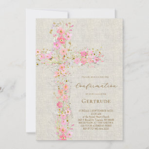 Invitación fondo beige flores rosadas cruz confirmación