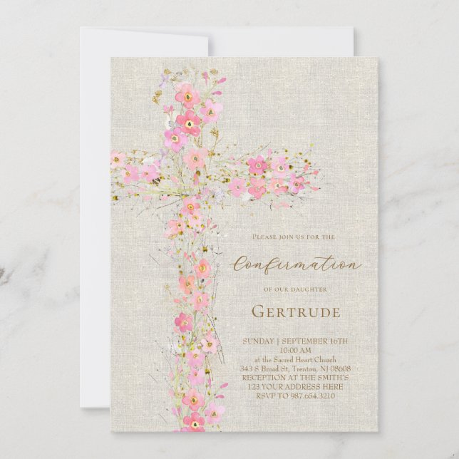 Invitación fondo beige flores rosadas cruz confirmación (Anverso)