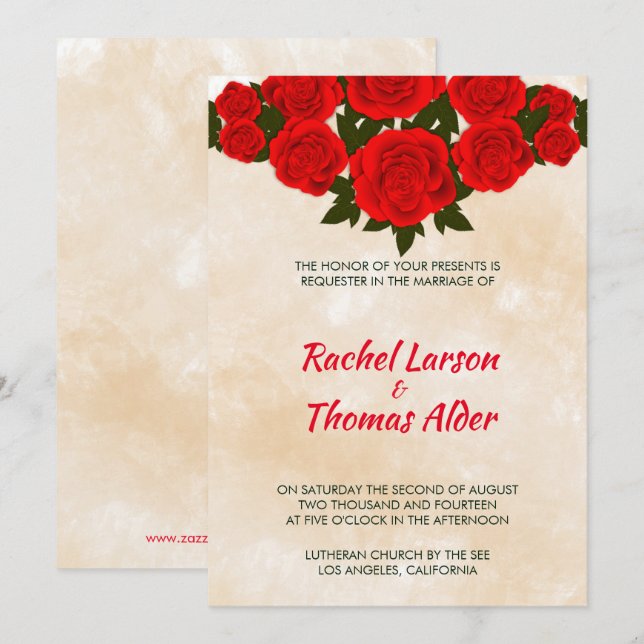 Invitación Fondo Beige Y Boda Roses Rojo (Anverso / Reverso)