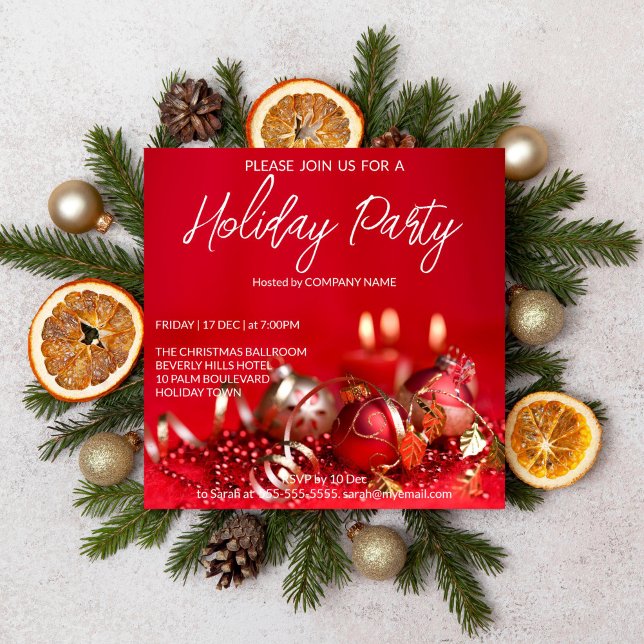 Invitación Fondo de baubles rojo y dorado (Christmas Holiday party editable template invitation digital download red baubles gold corporate )