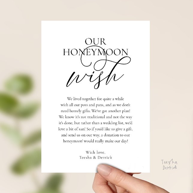 Invitación Fondo de Deseo de Luna de Miel con Dinero Adjunto (Elegant Script Honeymoon Wish Cash Fund Enclosed Invitation Card and Black and White)