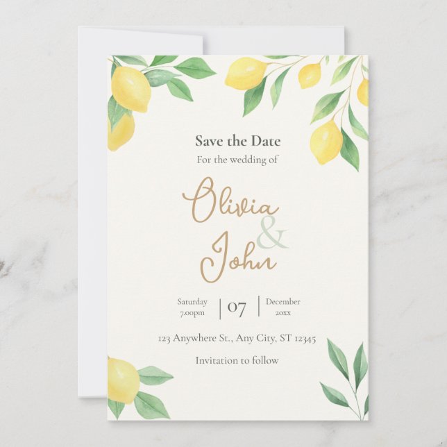 Invitación Fondo de foto para guardar la fecha con limón y ve (Anverso)
