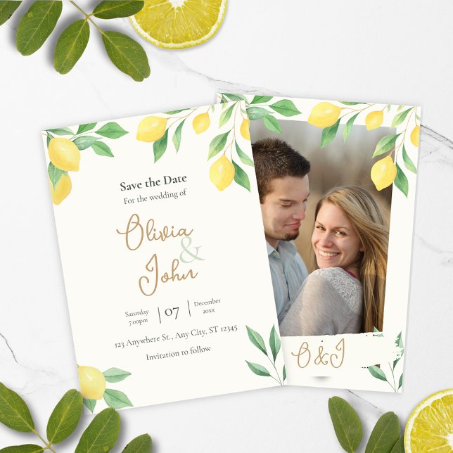 Invitación Fondo de foto para salvar la fecha con vegetación  (Save the Date Citrus Green Wedding Card)