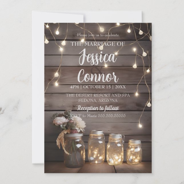 Invitación Fondo de la fábrica de madera de Boda Mason Jar Ru (Anverso)