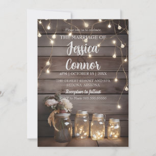 Invitación Fondo de la fábrica de madera de Boda Mason Jar Ru