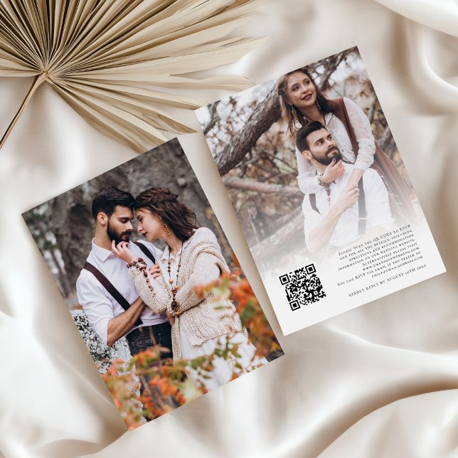 Invitación Fondo de la foto para el Boda de código QR de Vell (Background card front and back view)