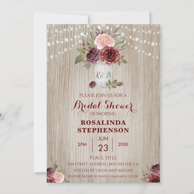 Invitación Fondo de Madera Rojo Floral Rústica Bridal Shower (Anverso)