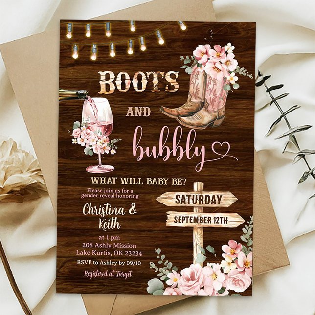 Invitación Fondo de madera rústica Botas florales y burbujean (Subido por el creador)