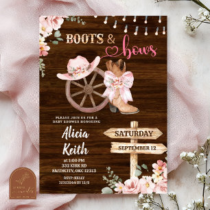 Invitación fondo de madera rústica flores botas y lazos