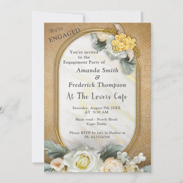 Invitación Fondo de Mandala dorada con rosas blancas (Anverso)