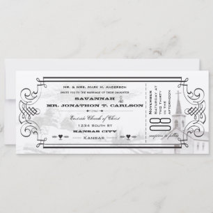 Invitación Fondo de marfil Fuente negra Boleto de capilla Bod