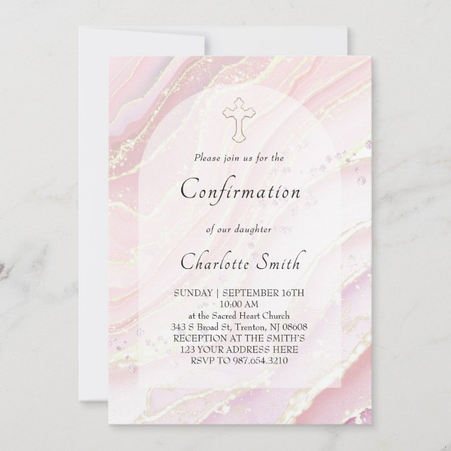Invitación fondo de mármol de fluido rosa Confirmación (Anverso)