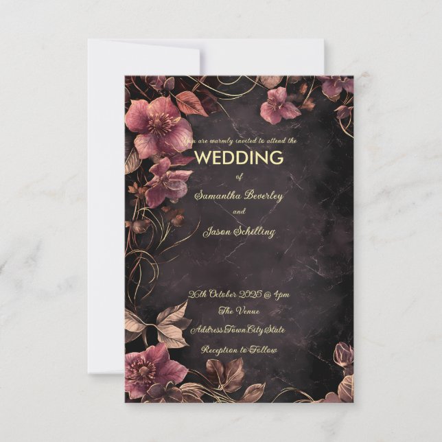 Invitación Fondo de Mármol oscuro con bordes florales rojos (Anverso)