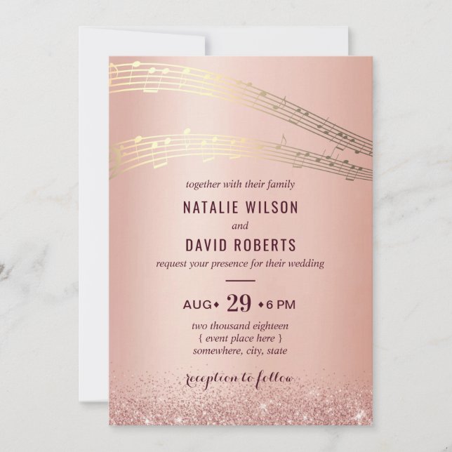 Invitación Fondo de oro Rosa moderno Boda de música (Anverso)