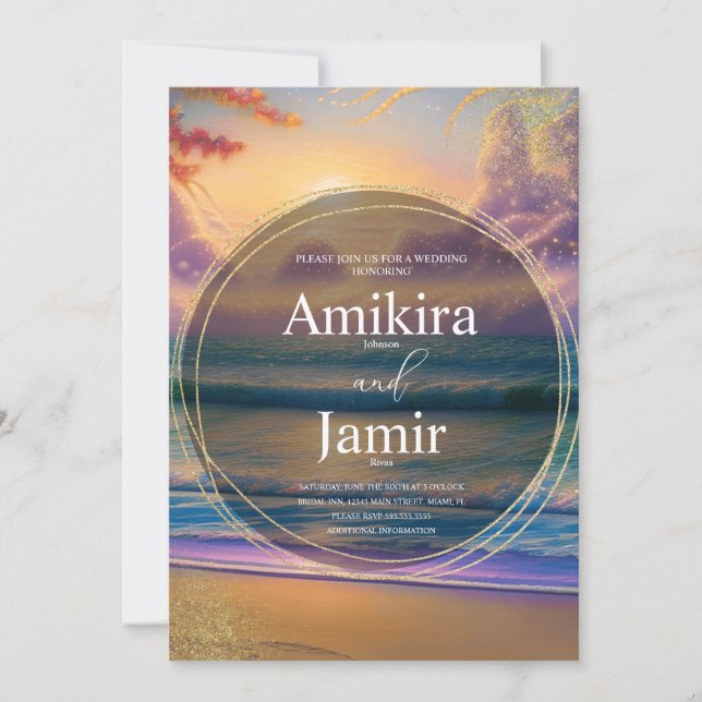 Invitación Fondo de playa vibrante con brillo para boda (Anverso)