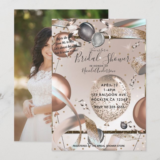 Invitación Fondo de Rosa Dorado con Brillo para Fiesta de Des (Anverso / Reverso)