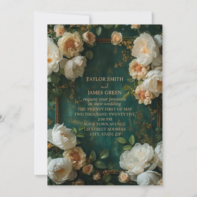 Invitación Fondo del marco floral con rosa blanco y crema (Anverso)