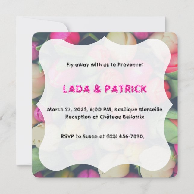 Invitación Fondo del tulipán floral rosa y verde foto Desti (Anverso)