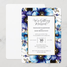 Invitación Fondo floral azul morado del marco blanco dorado